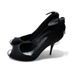 Sergio Rossi Black Satin Peep Toe Pumps Knot Bow High Stiletto Heel EU 39.5 US 9